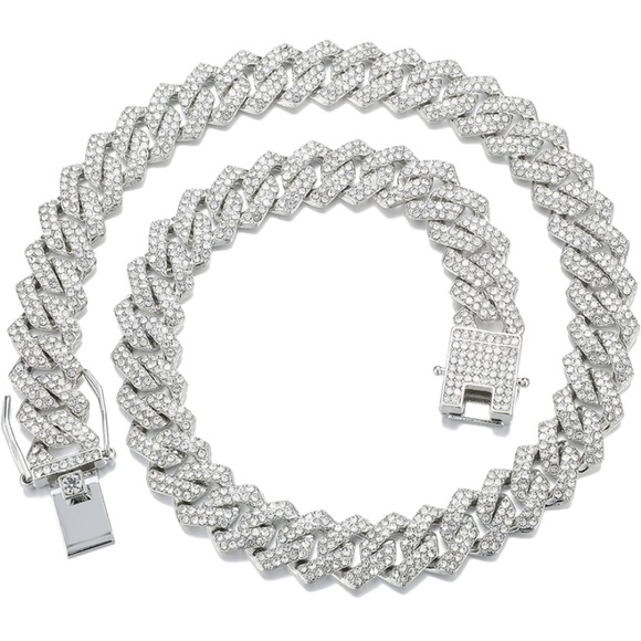 Unisex Cuban Link Chain Iced Out Silver Miami Cuban Necklace Diamond Jewelry - Picture 1 of 5